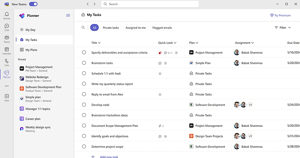 Planner interface showing tasks, projects, due dates, and private tasks assigned to various team members