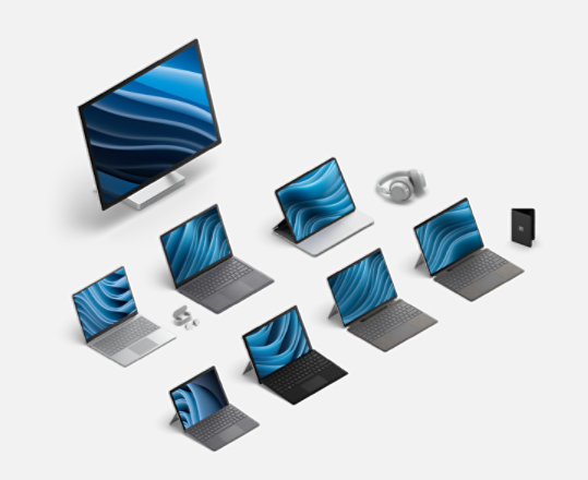 複数のサーフェス デバイス: Surface Pro X、Surface Go 2、Surface Laptop Go。