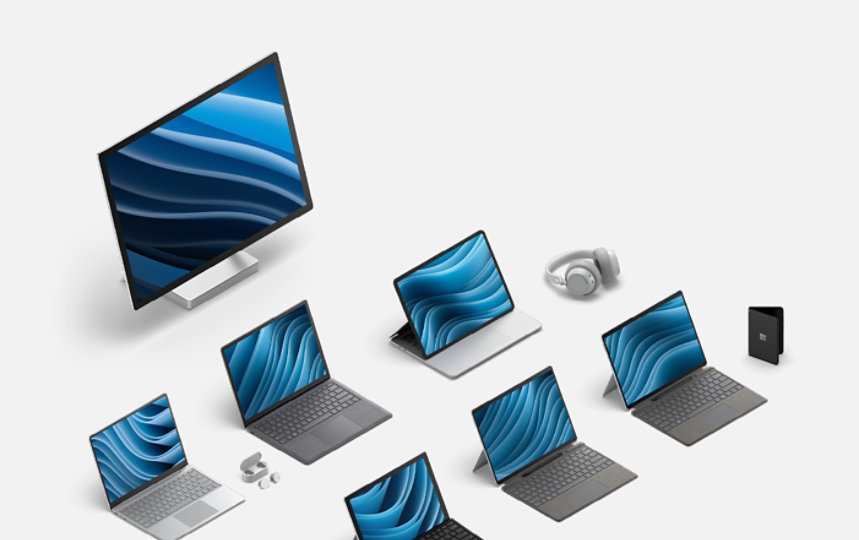 Mehrere Surface-Computer – Surface Pro X, Surface Go 2 und Surface Laptop Go.