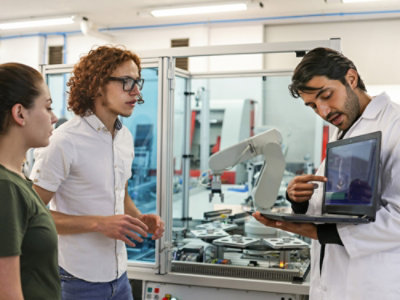 Three professionals, one in a lab coat, discussing over a laptop in a high-tech laboratory environment.