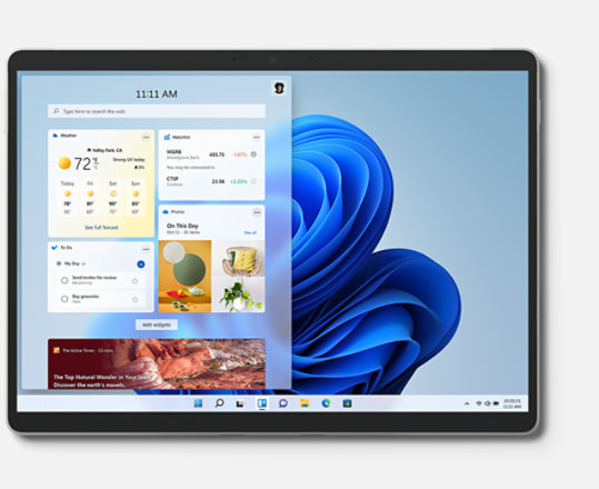 A Surface Pro 8 with the widgets visible on the left side of the screen.