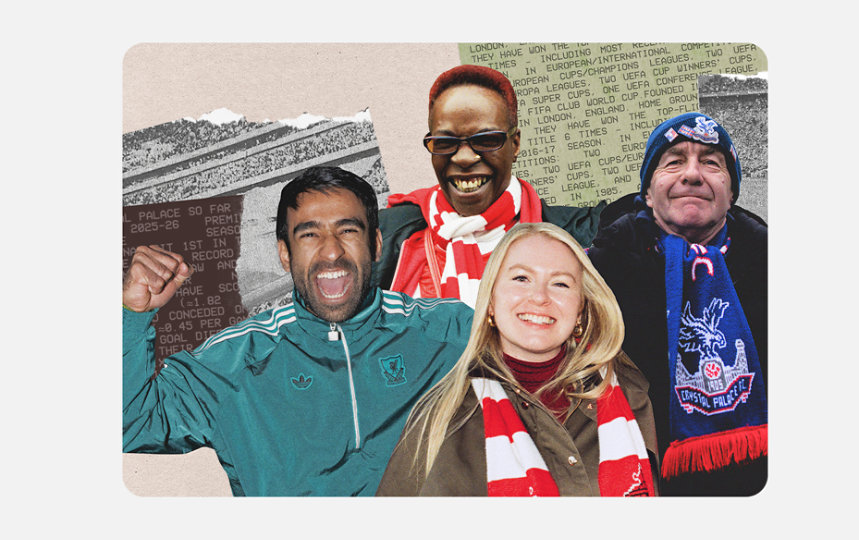 ollage of four jubilant football fans in team scarves celebrating.