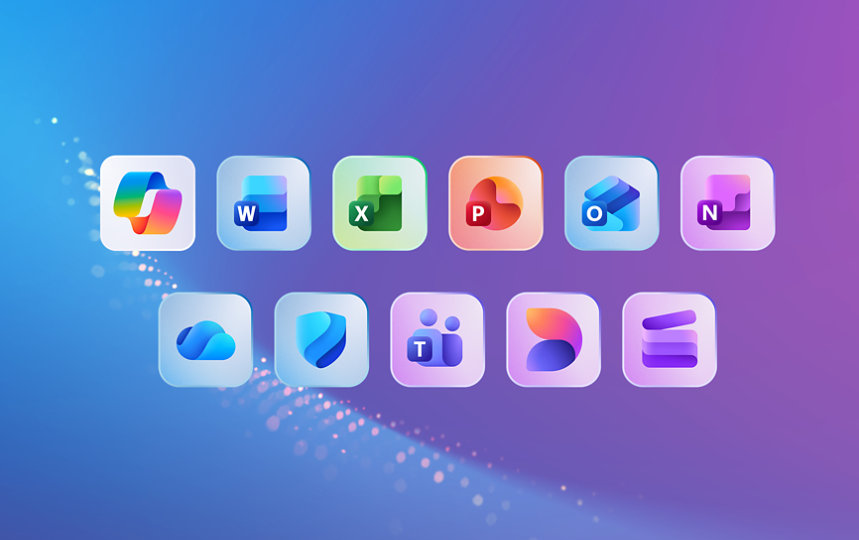 Various apps that are part of a Microsoft 365 subscription, such as: Copilot, Word, Excel, PowerPoint, Outlook, OneNote, OneDrive, Defender, Teams, Designer and Clipchamp.