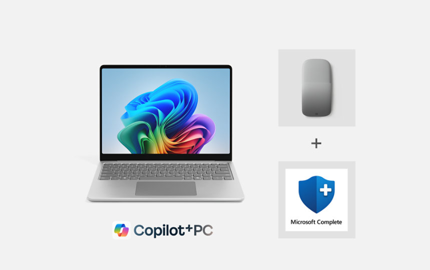A 13 inch Surface laptop in the color platinum with an Arc mouse in the color light gray and Microsoft complete.