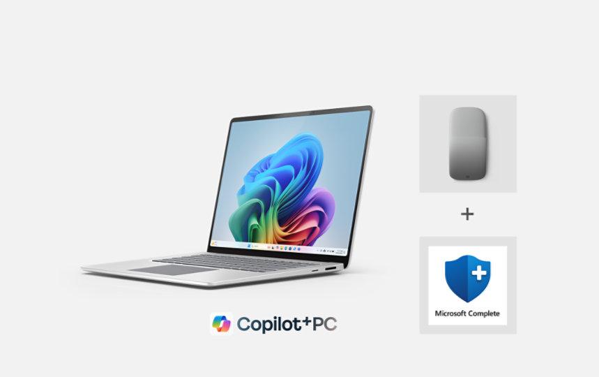 A 13.8 inch Surface laptop in the color platinum with an Arc mouse in the color light gray and Microsoft complete.