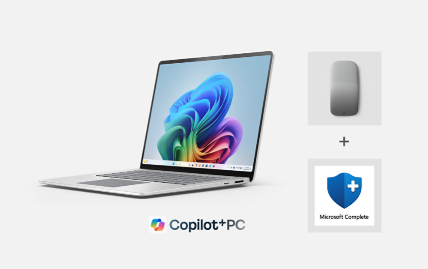 A 15 inch Surface laptop in the color platinum with an Arc mouse in the color light gray and Microsoft complete.