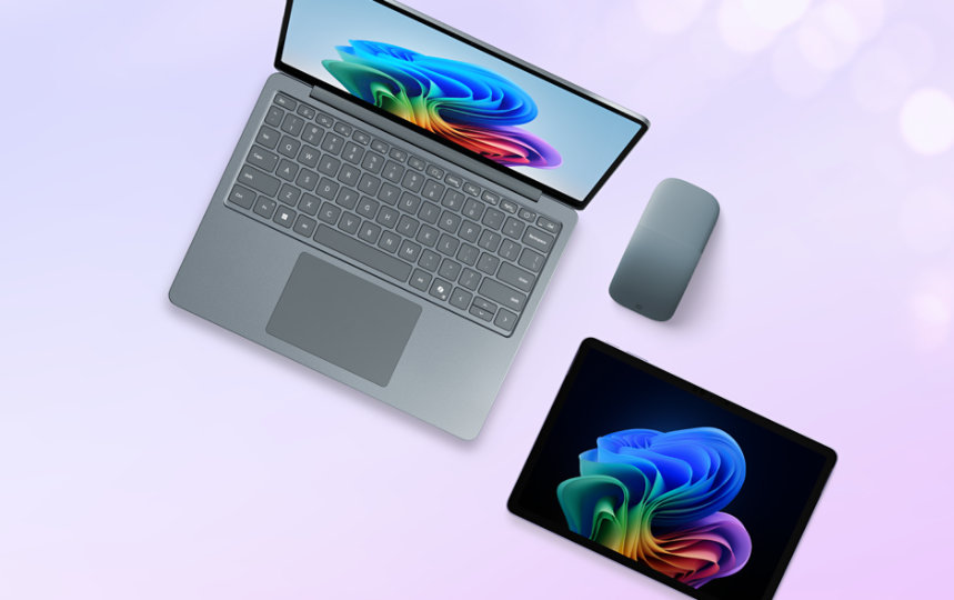 A platinum Surface Laptop, a violet Surface Pro and an Arc Mouse in the colour Ocean.