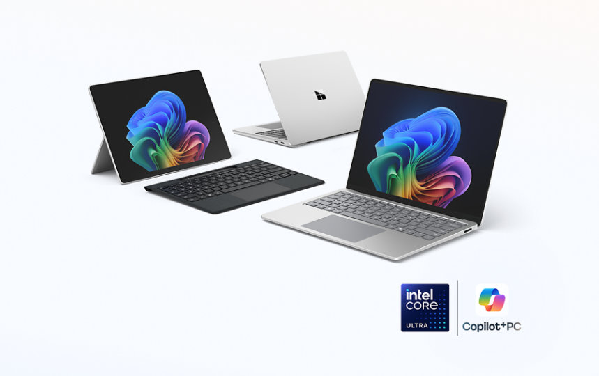 Una pantalla de 13 pulgadas Surface Laptop para empresas, una de 13,8 pulgadas Surface Laptop para empresas y una pantalla de 15 pulgadas Surface Laptop para empresas, una al lado de otra en color platino, Copilot Plus PC con procesadores Intel®.