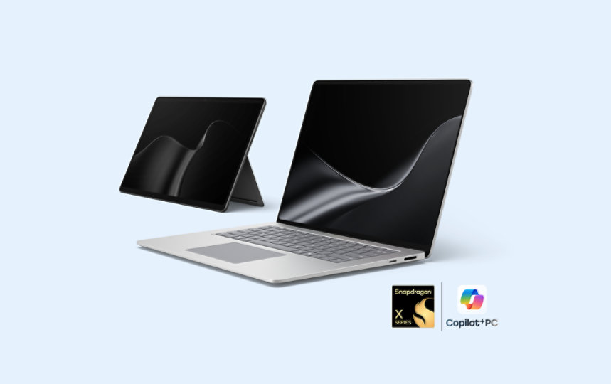 Nejnovější edice počítačů Surface – Surface Laptop v barvě platinová a Surface Pro v barvě černá.