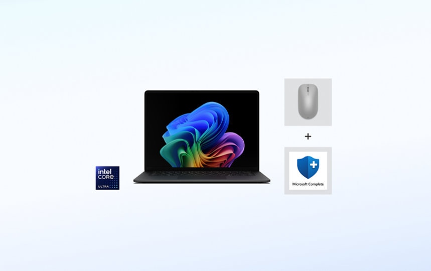 A Black Surface Laptop for Business with Intel® processors with a Surface Mouse for Business in the color Light Gray and Microsoft Complete.