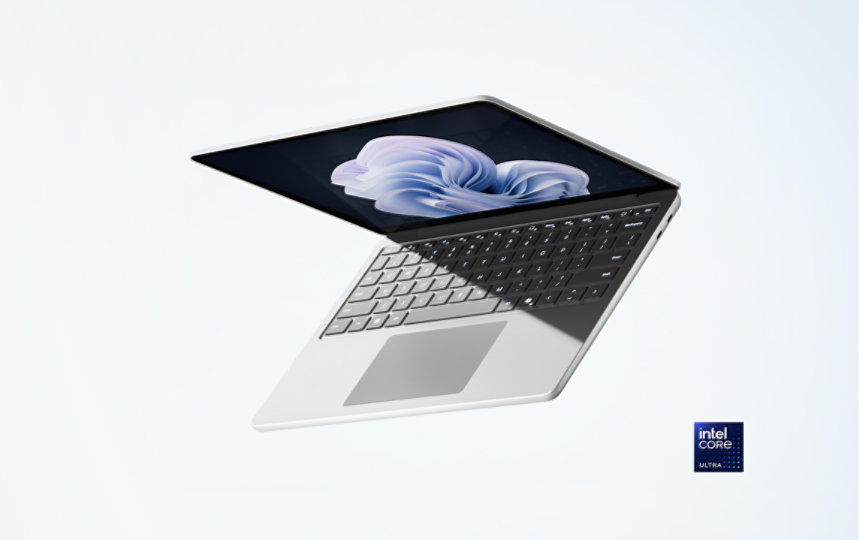 A 13-inch Surface Laptop for Business, with Intel® processors, in the color Platinum floating at an angle.