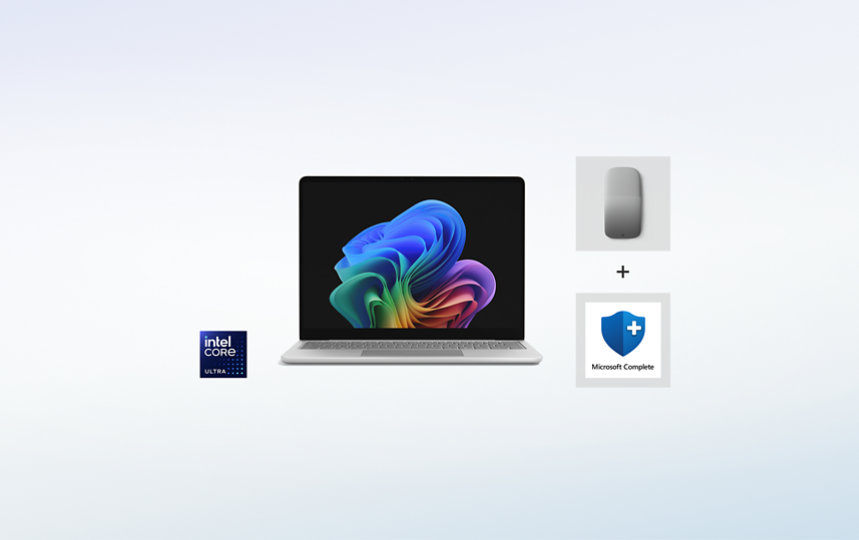 A Platinum 13-inch Surface Laptop for Business with Intel® processors with a Surface Arc Mouse for Business in the color Light Gray and Microsoft Complete.