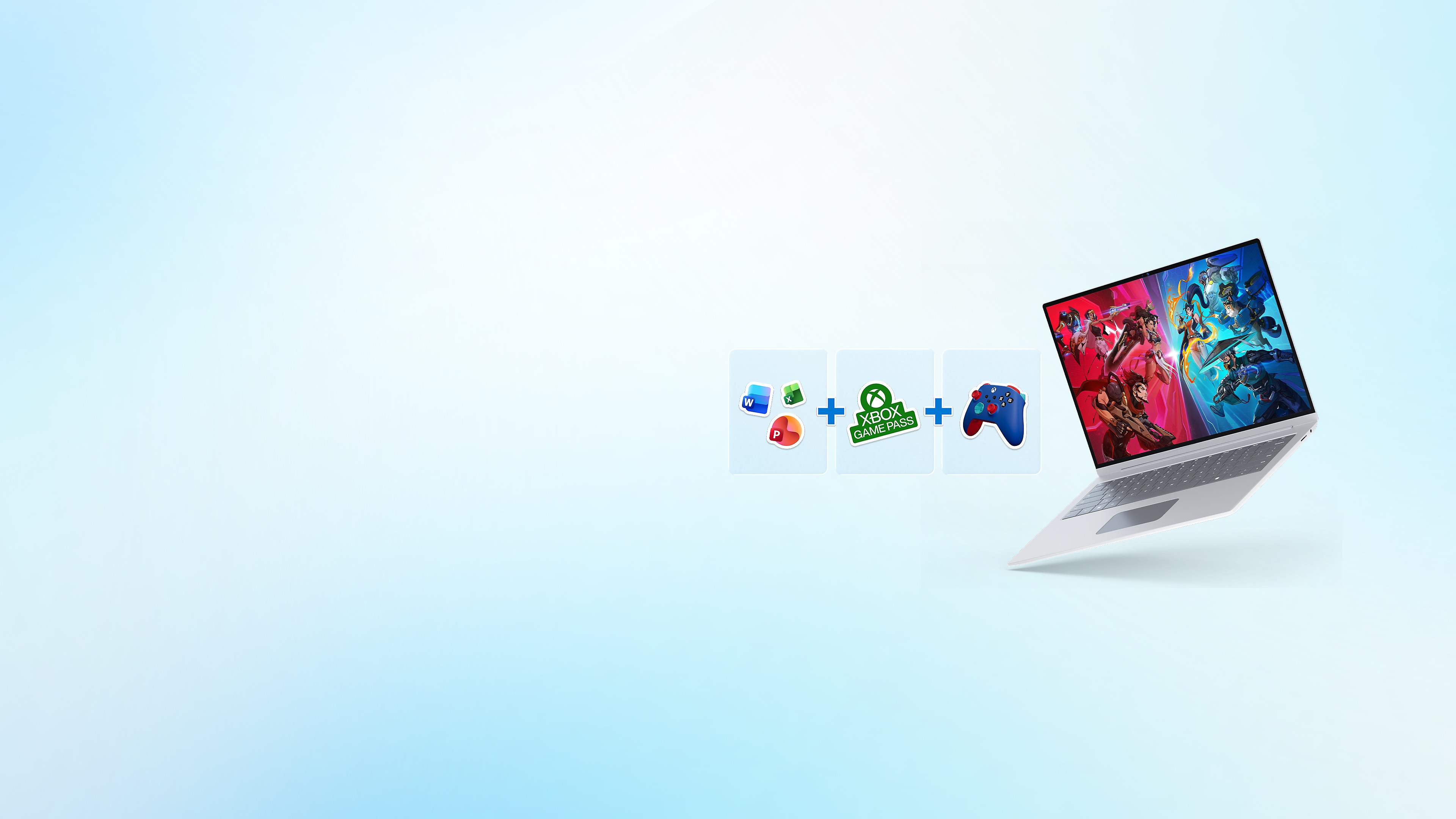 A surface laptop displaying gaming graphics on the screen, with three tiles showing icons for Microsoft 365 applications, XBOX Game Pass, and an XBOX controller.