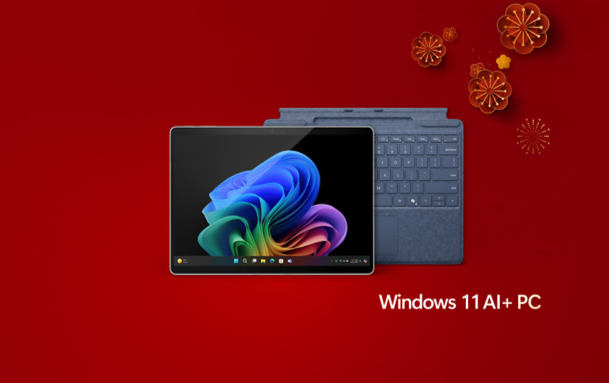 A Platinum 13-inch Surface Pro, Windows 11 AI+ PC and a Sapphire Keyboard with pen storage.