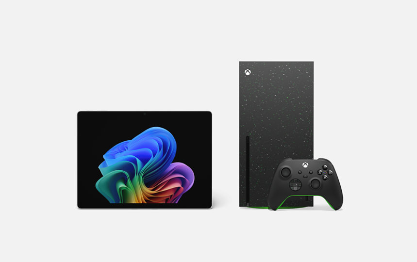 Ein Surface Laptop Copilot plus PC in Schwarz, ein Surface Laptop Studio 2, ein Surface Pro Copilot plus PC in Saphirblau und ein Xbox Wireless Controller.