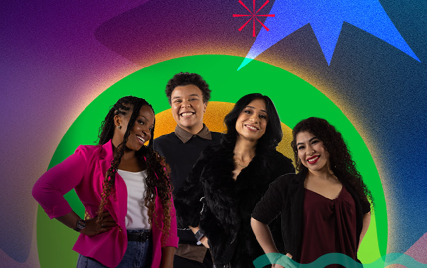 Four women of color smiling together, sharing their experiences in tech at Microsoft.