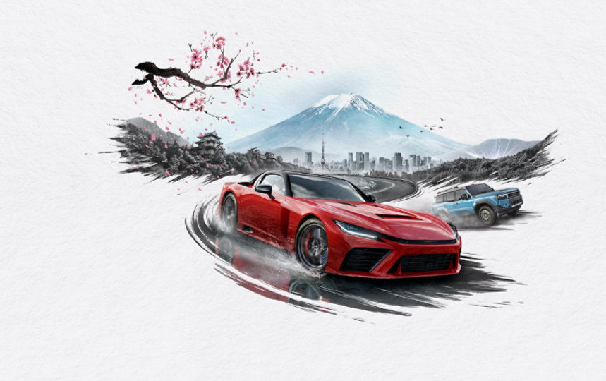 Grafika gry Forza Horizon 6 przedstawiająca czerwony samochód sportowy i niebieskiego SUV-a na tle panoramy Tokio oraz góry Fuji znajdującej się w oddali.