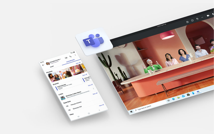 Una familia usa Microsoft Teams para planificar una fiesta de cumpleaños
