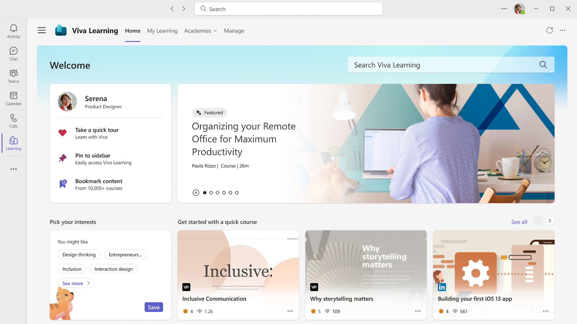 Viva Learning platform: Search, courses, management, featured content, interests, productivity, and recommendations