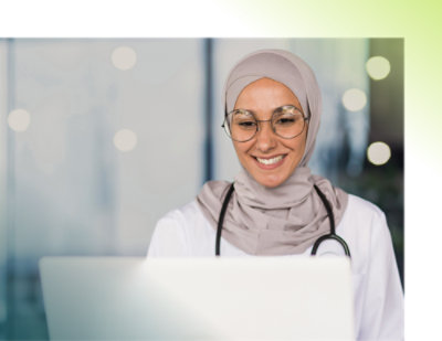 A person wearing a headscarf and glasses