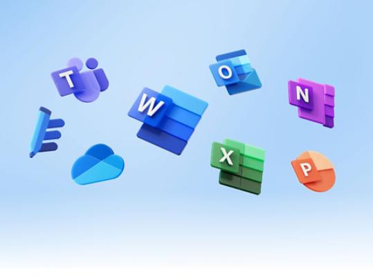 Icons from the Microsoft 365 suite of apps such as Teams, Word, Outlook, and more. 