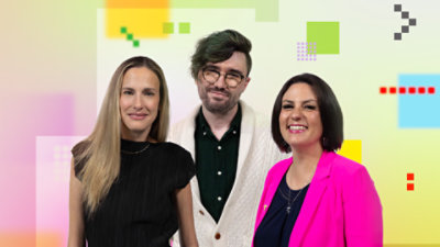 Three people facing camera, smiling, against stylized background.