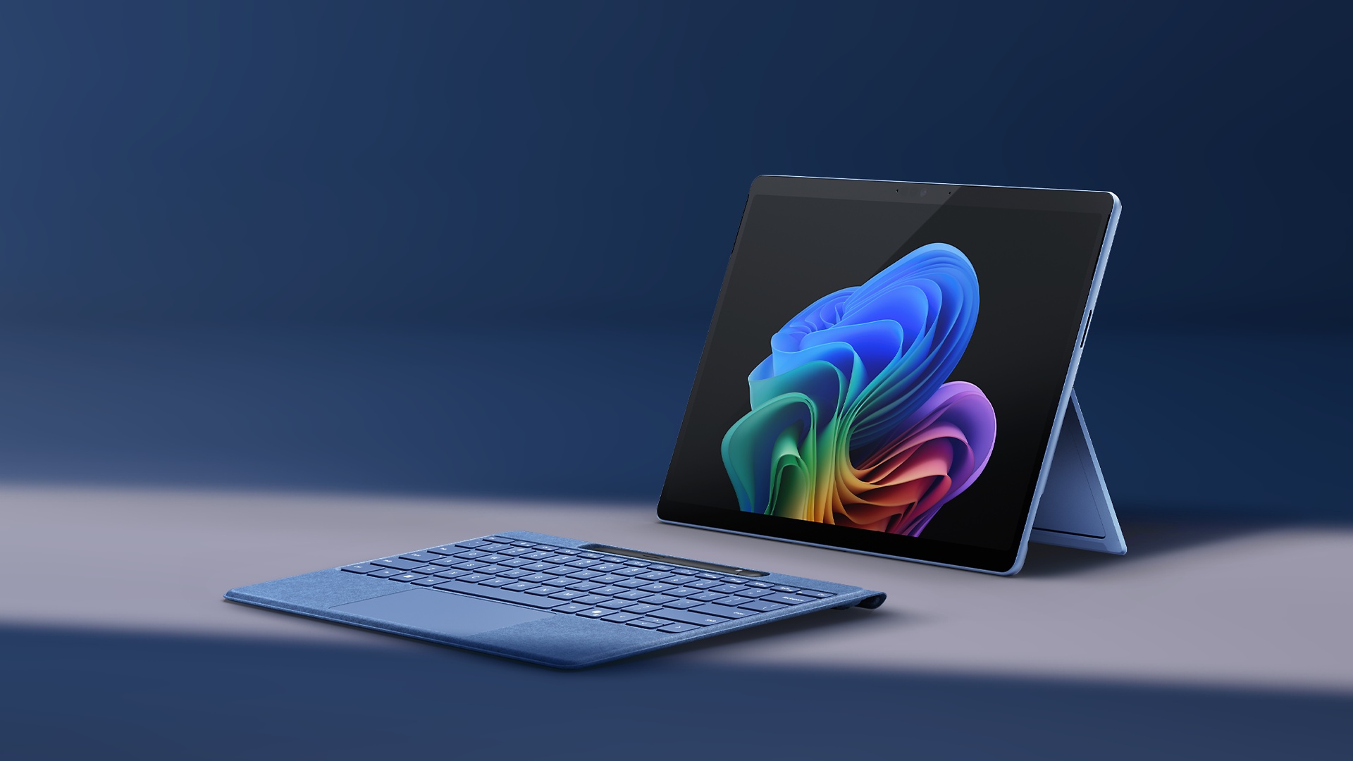 A Surface Pro Flex Keyboard and a Surface Pro, 11th Edition, a Copilot+ PC, in the color Sapphire.