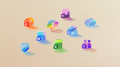 Varie app che fanno parte di un abbonamento a Microsoft 365, come Microsoft Copilot, Word, Excel, PowerPoint, Outlook, OneNote, OneDrive, Microsoft Defender, Microsoft Teams, Microsoft Designer e Clipchamp.