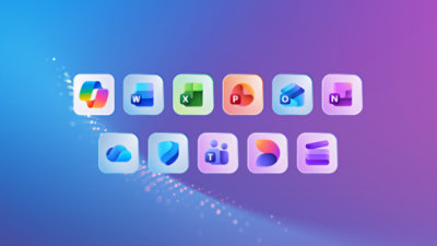 Various apps that are part of a Microsoft 365 subscription, such as: Copilot, Word, Excel, PowerPoint, Outlook, OneNote, OneDrive, Defender, Teams, Designer and Clipchamp.