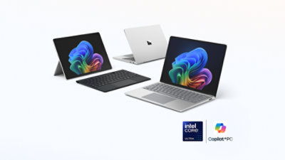 Eine Produktfamilie von Surface Copilot Plus PC-Geräten mit Intel®-Prozessoren in der Farbe Platin.