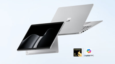 The all-new Surface for Business lineup, powered by Snapdragon—a floating Surface Laptop for Business and a floating Surface Pro for Business, both in the color Platinum.