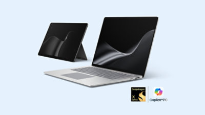 The latest edition Surface PCs - a Surface Laptop in the color Platinum and a Surface Pro in the color Black.