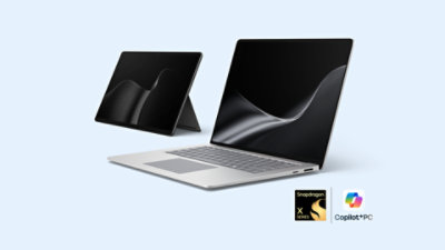 최신 버전의 Surface PC - Surface Laptop: 플래티넘 색상, Surface Pro: 블랙 색상.