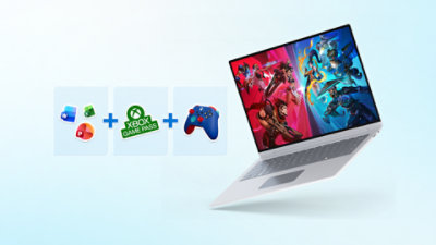 A surface laptop displaying gaming graphics on the screen, with three tiles showing icons for Microsoft 365 applications, Xbox Game Pass, and an Xbox controller.