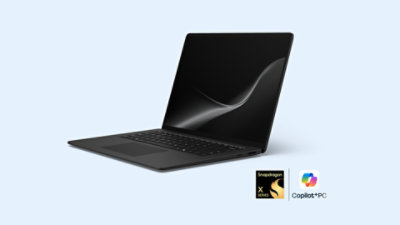 An angled 15-inch Surface Laptop, (8th Edition) in the color Black.