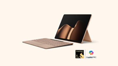 A Surface Pro, 13-inch (12th Edition) paired with a Surface Pro 13-inch Flex Keyboard, both in the color Dune.