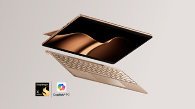 A floating Surface Pro paired with a Surface Pro 13-inch Flex Keyboard, both in the colour Dune.