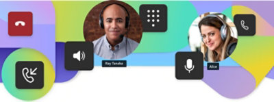 A collage of people wearing headsets, a team meeting in a conference room and icons from Microsoft Teams.