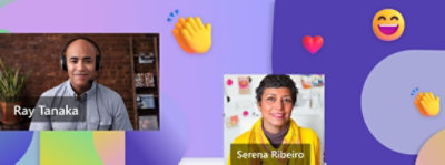 A collage of images of people participating in Teams video calls and icons from Teams.