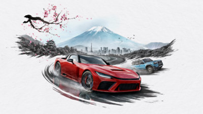 Game art for Forza Horizon 6 featuring a red sports car and a blue SUV in a landscape with the skyline of Tokyo in the background and Mount Fuji in the distance beyond.