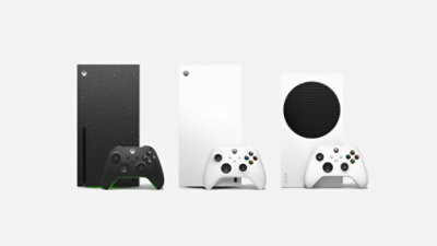 A black and white Xbox Series X consoles with a white Xbox Series S