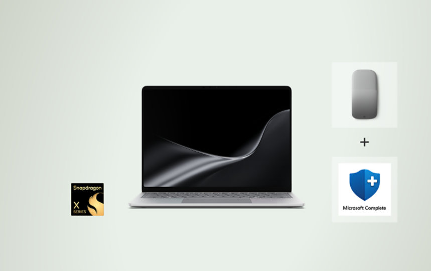 A Platinum Surface Laptop, 13.8-inch (8th Edition) with Snapdragon® processors with a Surface Arc Mouse in the color Light Gray and Microsoft Complete.