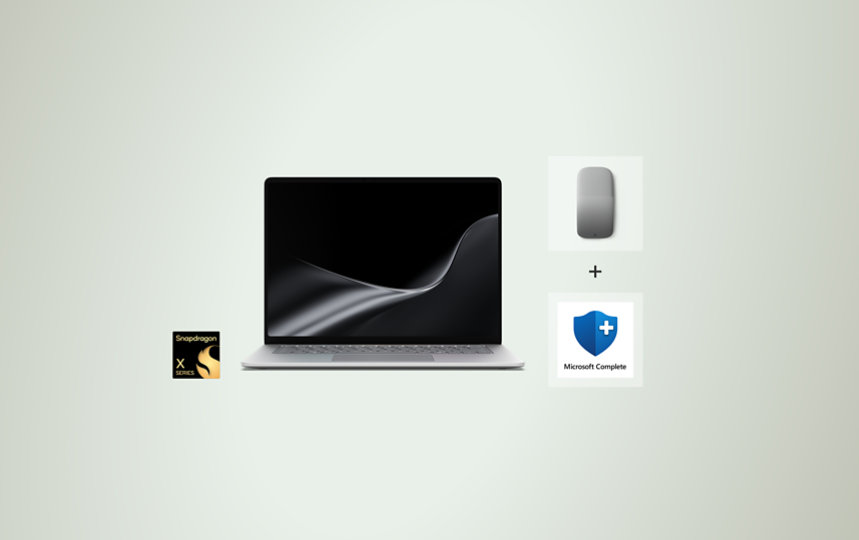 Une Surface Laptop Platine, équipée de processeurs Snapdragon®, avec une Souris Surface Arc Mouse de couleur Gris pâle et du plan Microsoft Complete.