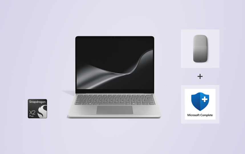 A Surface Laptop, 13-inch (2nd Edition) with Snapdragon® processors with a Surface Arc Mouse and Microsoft Complete. 