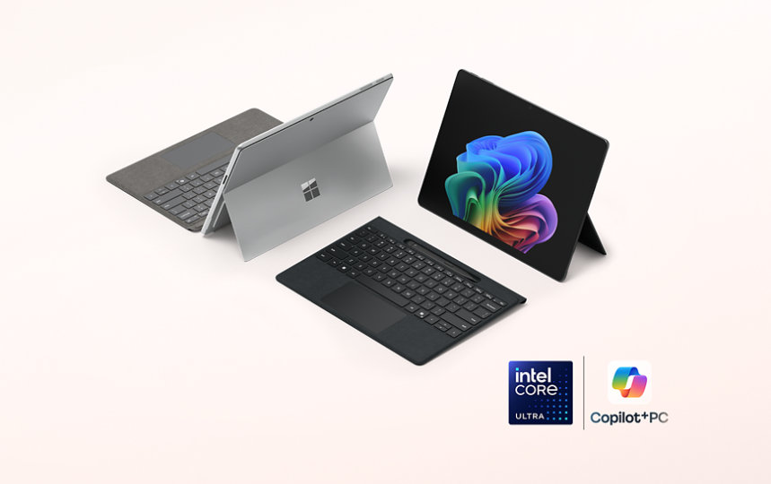 Um Surface Pro para Empresas na cor Platina e um Surface Pro para Empresas na cor Preto, Copilot+ PCs com processadores Intel®, emparelhados com o Teclado Flex para Surface Pro de 13 polegadas para Empresas.