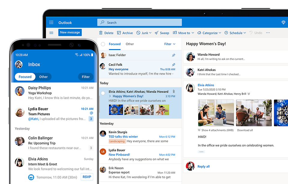 A mobile device and a tablet displaying a user’s Focused inbox in Outlook