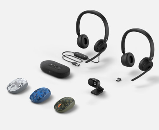 PC Accessories image of Microsoft Teams Certified PC Accessories including, Microsoft Modern Wired USB Headset, Microsoft Modern Webcam, Microsoft Modern Wireless Headset, Microsoft Modern USB-C Speaker and Microsoft Bluetooth Mouse in Arctic Camo, Nightfall Camo and Forest Camo