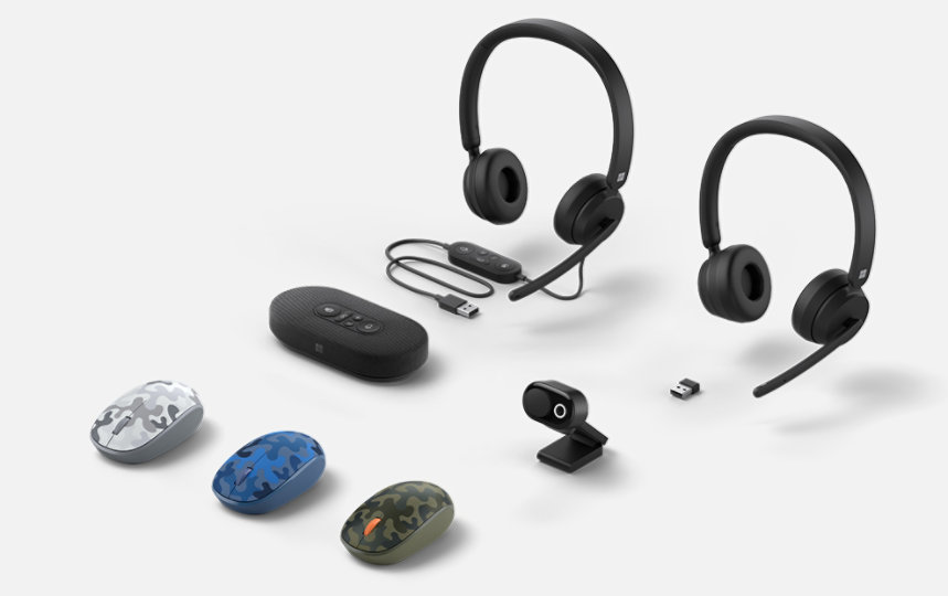 PC Accessories image of Microsoft Teams Certified PC Accessories including, Microsoft Modern Wired USB Headset, Microsoft Modern Webcam, Microsoft Modern Wireless Headset, Microsoft Modern USB-C Speaker and Microsoft Bluetooth Mouse in Arctic Camo, Nightfall Camo and Forest Camo
