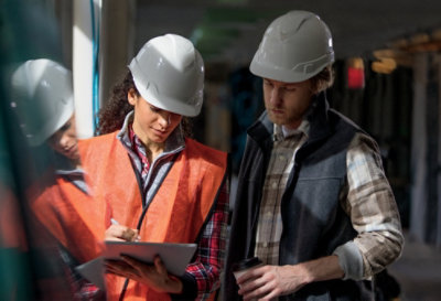 A man and woman wearing hard hats.