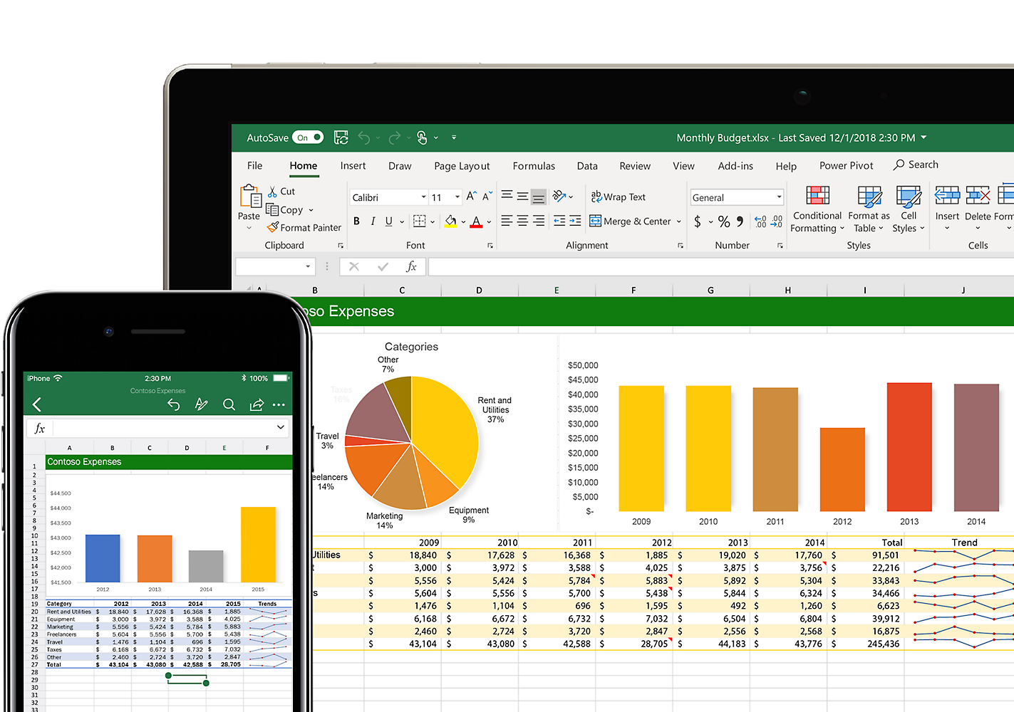 A tablet and phone displaying a file open in Excel